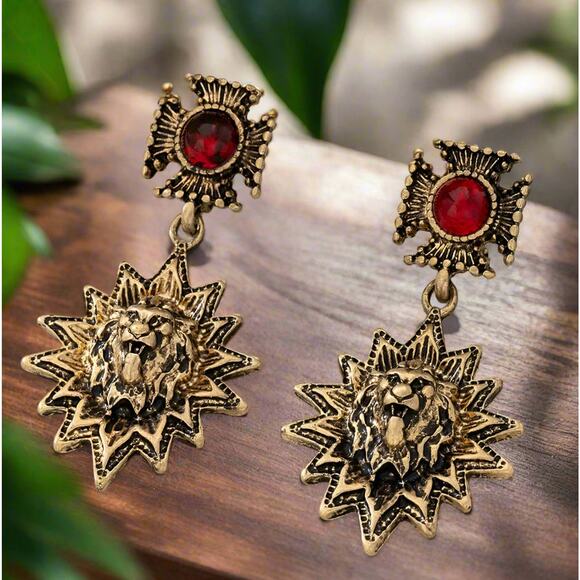 Clip on 2"gold lion and cross dangle earrings with red stone - Picture 1 of 4